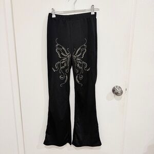 Y2K style Black Pants with Rhinestone Butterfly Design